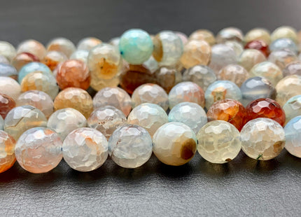 10mm 12mm Faceted Round Fire Agate Gemstone Beads Heat Treated Multi Green Orange Champagne Color Agate 15.5 Inches Strand #2701