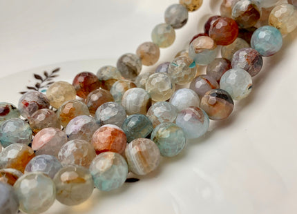 10mm 12mm Faceted Round Fire Agate Gemstone Beads Heat Treated Multi Green Orange Champagne Color Agate 15.5 Inches Strand #2701