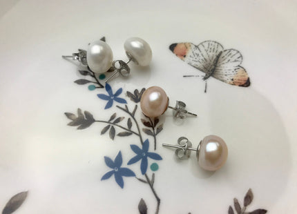 10-11.5 mm Genuine AAA Natural White Or Pink Freshwater Pearl Stud Earrings, .925 Sterling Silver Posts Pearl Earrings Bridal Jewelry #683