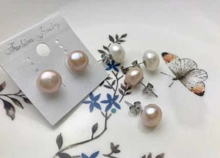 10-11.5 mm Genuine AAA Natural White Or Pink Freshwater Pearl Stud Earrings, .925 Sterling Silver Posts Pearl Earrings Bridal Jewelry #683