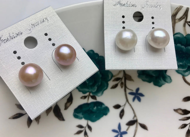 10-11.5 mm Genuine AAA Natural White Or Pink Freshwater Pearl Stud Earrings, .925 Sterling Silver Posts Pearl Earrings Bridal Jewelry #683