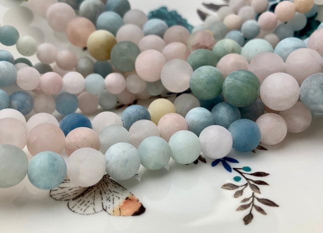 8mm 10mm 12mm Large Hole Natural Color Matte Round Aquamarine Rose Quartz Gemstone Beads Hole Size 2.0 mm 15 Inches Strand #2841