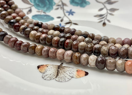 5x8 mm AAA Faceted Rondelle Natural Petrified Wood Beads Taupe Beige Brown Color High Quality Gemstone 15 Inches Strand #2791