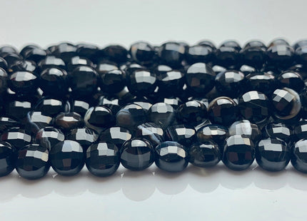 6 mm Micro Faceted Diamond Cut Black Color Flat Coin Disc Shape Agate Gemstone Beads Genuine Agate 15 Inches Strand #2822