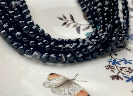 6 mm Micro Faceted Diamond Cut Black Color Flat Coin Disc Shape Agate Gemstone Beads Genuine Agate 15 Inches Strand #2822