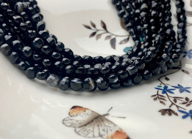 6 mm Micro Faceted Diamond Cut Black Color Flat Coin Disc Shape Agate Gemstone Beads Genuine Agate 15 Inches Strand #2822