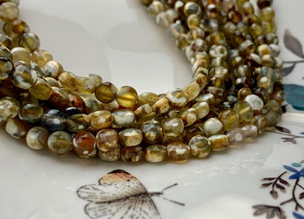 6 mm Micro Faceted Diamond Cut Yellow And White Color Flat Coin Disc Shape Agate Gemstone Beads Genuine Agate 15 Inches Strand #2823