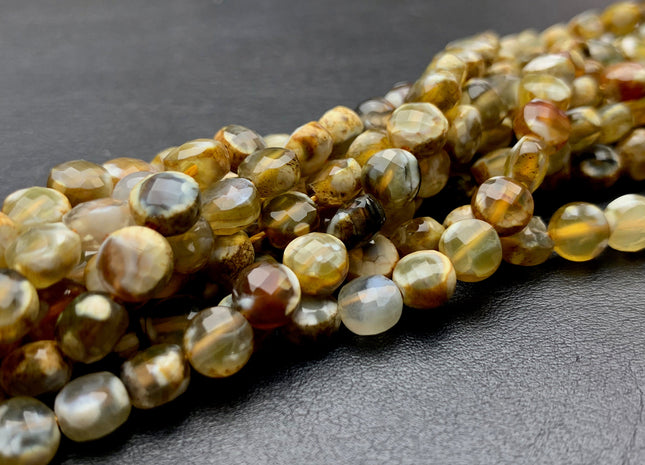 6 mm Micro Faceted Diamond Cut Yellow And White Color Flat Coin Disc Shape Agate Gemstone Beads Genuine Agate 15 Inches Strand #2823