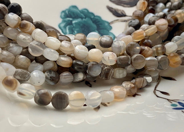 6 mm Micro Faceted Diamond Cut Light Brown Gray Color Flat Coin Disc Shape Agate Gemstone Beads Genuine Agate 15 Inches Strand #2825