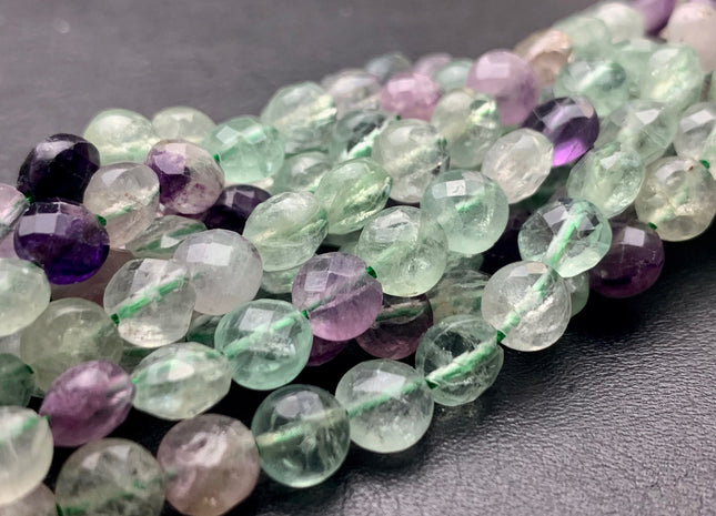 6 mm Micro Faceted Diamond Cut Green Purple Fluorite Gemstones Flat Coin Disc Shape Gemstone Beads Genuine Fluorite 15 Inches Strand #2831