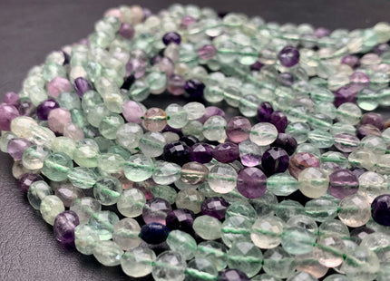 6 mm Micro Faceted Diamond Cut Green Purple Fluorite Gemstones Flat Coin Disc Shape Gemstone Beads Genuine Fluorite 15 Inches Strand #2831