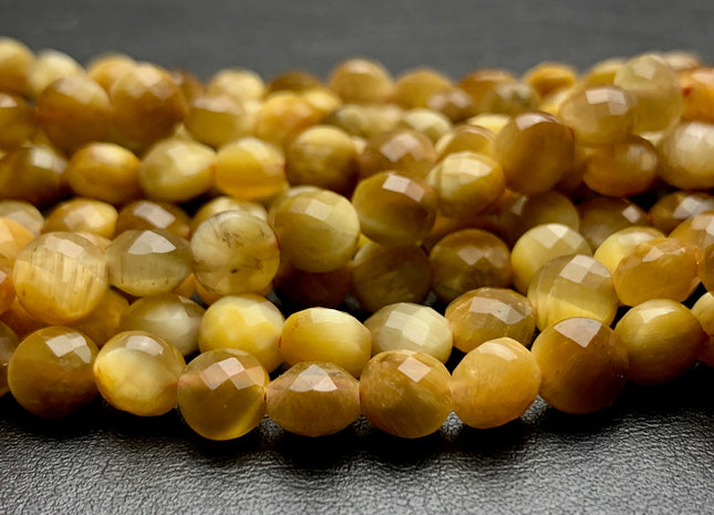 6 mm Micro Faceted Diamond Cut Golden Tiger Eye Gemstones Flat Coin Disc Shape Gemstone Beads Genuine Tiger Eye 15 Inches Strand #2832