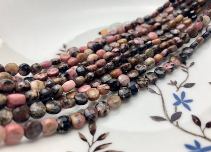 6mm Micro Faceted Diamond Cut Black And Pink Rhodonite Gemstone Flat Coin Disc Shape Gemstone Beads Genuine Rhodonite 15 Inches Strand #2828