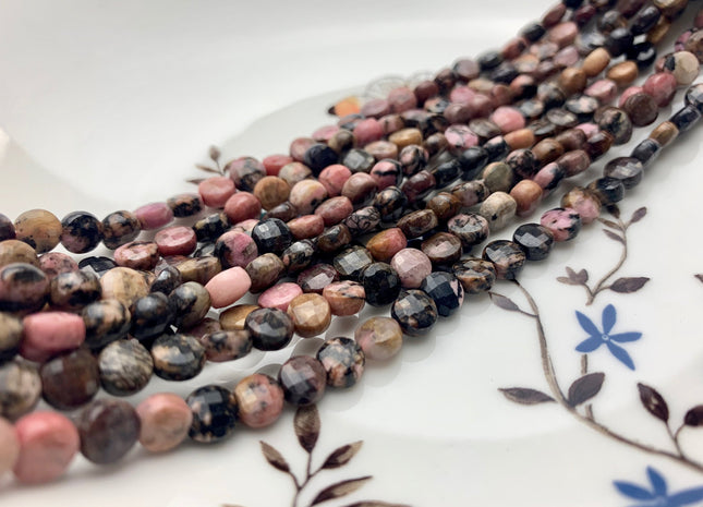 6mm Micro Faceted Diamond Cut Black And Pink Rhodonite Gemstone Flat Coin Disc Shape Gemstone Beads Genuine Rhodonite 15 Inches Strand #2828