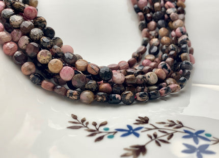 6mm Micro Faceted Diamond Cut Black And Pink Rhodonite Gemstone Flat Coin Disc Shape Gemstone Beads Genuine Rhodonite 15 Inches Strand #2828
