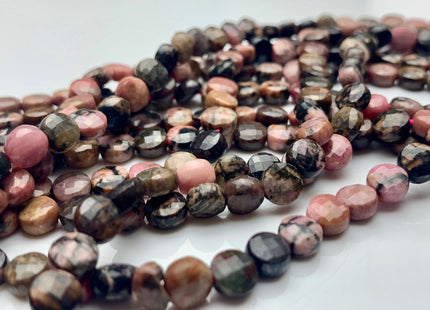 6mm Micro Faceted Diamond Cut Black And Pink Rhodonite Gemstone Flat Coin Disc Shape Gemstone Beads Genuine Rhodonite 15 Inches Strand #2828