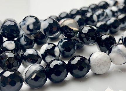 10mm 14mm Faceted Round Fire Agate Gemstone Bead Heat Treated Multi Black And White Color Natural Fire Agate 15.5 Inches Strand #2689