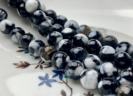 10mm 14mm Faceted Round Fire Agate Gemstone Bead Heat Treated Multi Black And White Color Natural Fire Agate 15.5 Inches Strand #2689