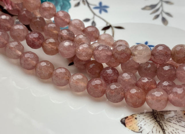 8mm 10mm 12mm Natural Color Faceted Round Strawberry Quartz Gemstone Beads Natural Pink Strawberry Quartz Beads 15.5 Inches Strand #2853