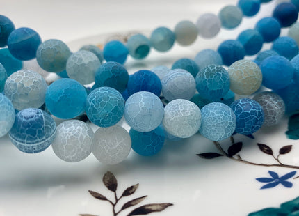 4 mm 6 mm 8 mm 10 mm Aqua Blue Color Matte Finished Round Cracked Fire Agate Gemstone Beads 14 Inches Strand #2856