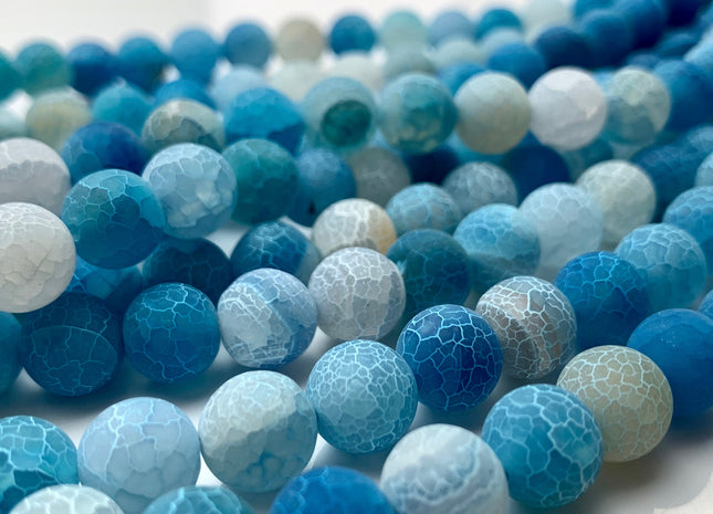 4 mm 6 mm 8 mm 10 mm Aqua Blue Color Matte Finished Round Cracked Fire Agate Gemstone Beads 14 Inches Strand #2856