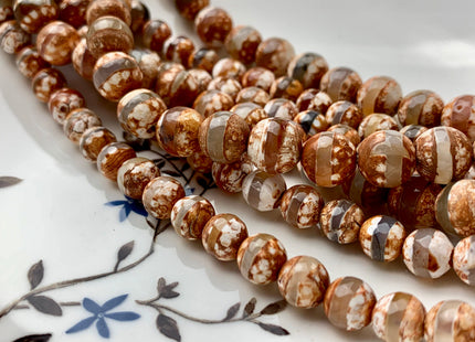 8 mm 10 mm AAA DZI Tibetan Agate Faceted Round Brown And White Color Tibetan Agate Gemstone Loose Beads 15 Inches Strand #2785