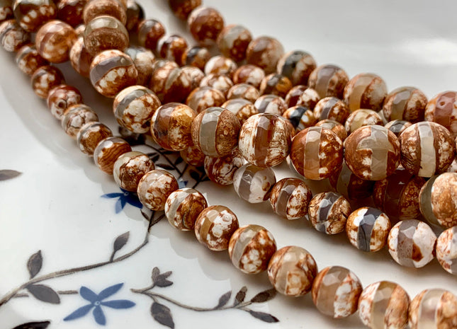 8 mm 10 mm AAA DZI Tibetan Agate Faceted Round Brown And White Color Tibetan Agate Gemstone Loose Beads 15 Inches Strand #2785