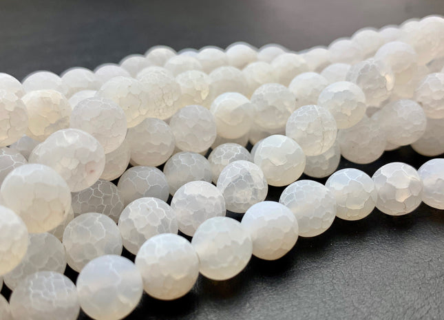 4 mm 6 mm 8 mm 10 mm White Color Matte Finished Round Cracked Fire Agate Gemstone Beads 14 Inches Strand #2862