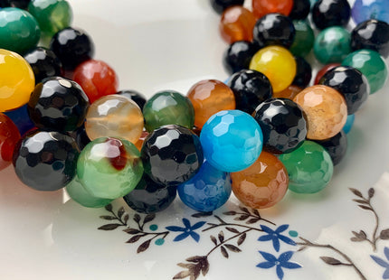 14mm 16mm Faceted Round Fire Agate Gemstone Beads Heat Treated Mixed Yellow Blue Green Black Carnelian Color 15.5 Inches Strand #2871