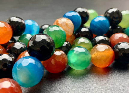 14mm 16mm Faceted Round Fire Agate Gemstone Beads Heat Treated Mixed Yellow Blue Green Black Carnelian Color 15.5 Inches Strand #2871