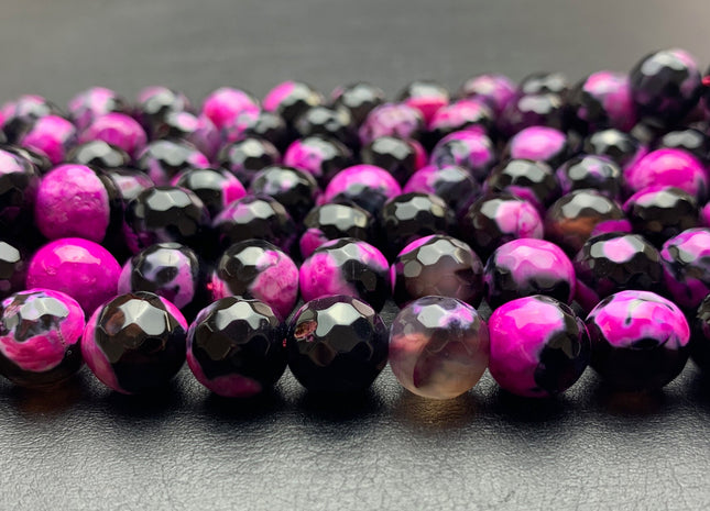 BEST DEAL 10 mm Faceted Round Fire Agate Gemstone Beads Heat Treated Black And Pink Color Agate 15.5 Inches Strand #2887