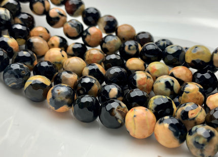 8 mm 10 mm Faceted Round Fire Agate Gemstone Beads Heat Treated Black And Yellow Color Agate 15.5 Inches Strand #2884