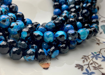 BEST DEAL 10 mm Faceted Round Fire Agate Gemstone Beads Heat Treated Black And Blue Color Agate 15.5 Inches Strand #2885