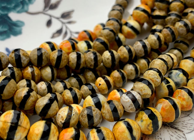 8 mm 10 mm AAA DZI Tibetan Agate Faceted Round Black And Orange Color Tibetan Agate Gemstone Loose Beads 15 Inches Strand #3020
