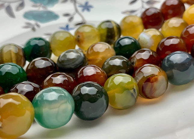 14 mm Faceted Round Fire Agate Gemstone Beads Heat Treated Brown Green Yellow Color 15.5 Inches Strand #2921