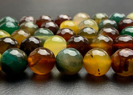 14 mm Faceted Round Fire Agate Gemstone Beads Heat Treated Brown Green Yellow Color 15.5 Inches Strand #2921