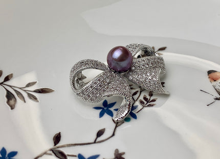 Genuine AAA Natural Freshwater Pearl Brooch Silver Color Bowtie Design Pendant With Crystal And Mauve Edison Pearl Settings #10045