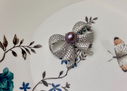 Genuine AAA Natural Freshwater Pearl Brooch Silver Color Bowtie Design Pendant With Crystal And Mauve Edison Pearl Settings #10045