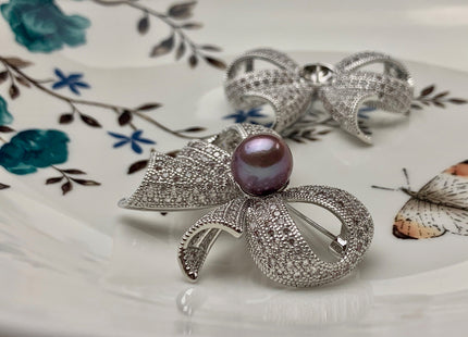 Genuine AAA Natural Freshwater Pearl Brooch Silver Color Bowtie Design Pendant With Crystal And Mauve Edison Pearl Settings #10045