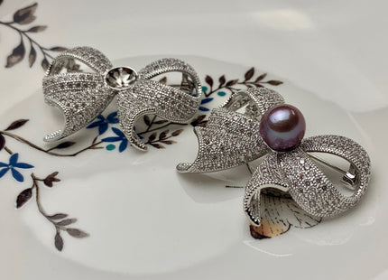 Genuine AAA Natural Freshwater Pearl Brooch Silver Color Bowtie Design Pendant With Crystal And Mauve Edison Pearl Settings #10045