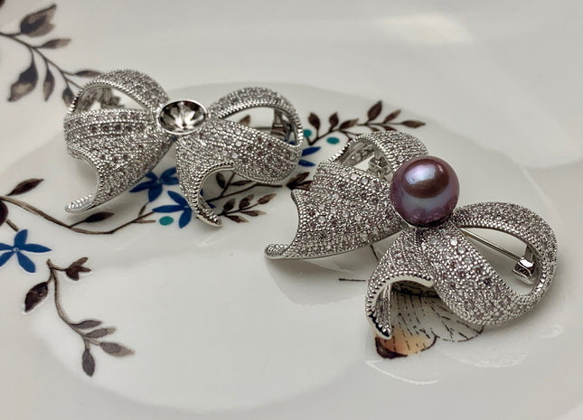 Genuine AAA Natural Freshwater Pearl Brooch Silver Color Bowtie Design Pendant With Crystal And Mauve Edison Pearl Settings #10045