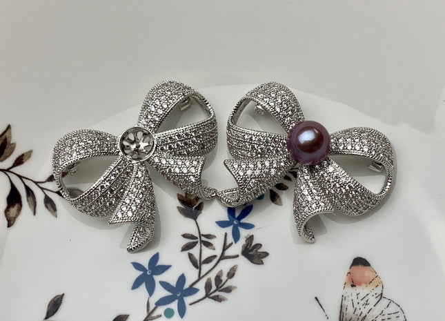 Genuine AAA Natural Freshwater Pearl Brooch Silver Color Bowtie Design Pendant With Crystal And Mauve Edison Pearl Settings #10045
