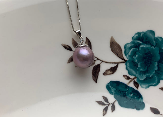 One-Of-A-Kind 12 mm AAA Very Rare Natural Purple Mauve Genuine Edison Pearl Pendant W/925 Sterling Silver Flower Design Jewelry #10019-B
