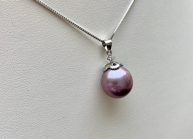 One-Of-A-Kind 12 mm AAA Very Rare Natural Purple Mauve Genuine Edison Pearl Pendant W/925 Sterling Silver Flower Design Jewelry #10019-B