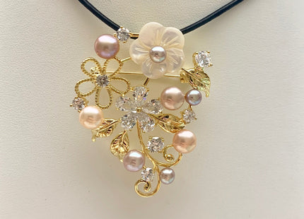 Genuine AAA Natural Freshwater Pearl Brooch Gold Color Floral Design Pendant With Carved MOP Flowers #10029