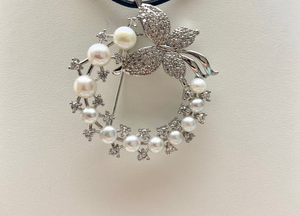 Genuine AAA Natural Freshwater Pearl Brooch Silver Color Circular Shaped Design Pendant With Butterfly Design #10027