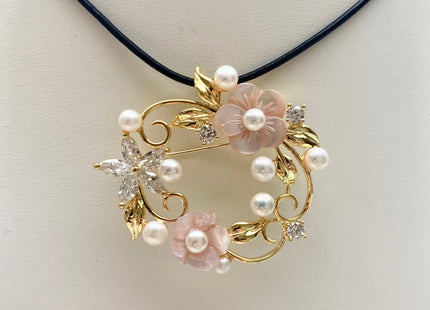 Genuine AAA Natural Freshwater Pearl Brooch Gold Color Floral Shaped Design Pendant With Carved MOP Flowers #10023