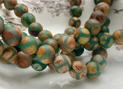 10 mm AAA DZI Tibetan Agate Faceted Round Brown Green Etched Agate Gemstone Matte Football Mala Antique Boho Beads 15 Inches #3031