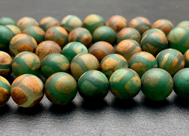 10 mm AAA DZI Tibetan Agate Faceted Round Brown Green Etched Agate Gemstone Matte Football Mala Antique Boho Beads 15 Inches #3031