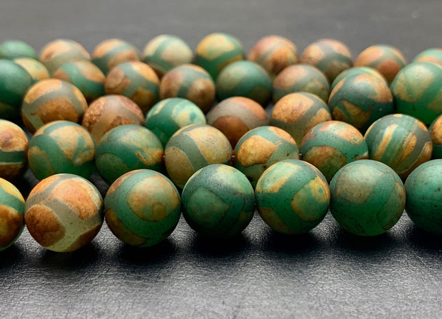 10 mm AAA DZI Tibetan Agate Faceted Round Brown Green Etched Agate Gemstone Matte Football Mala Antique Boho Beads 15 Inches #3031